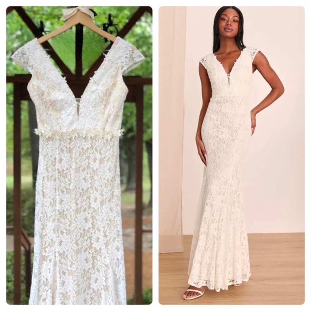 Lulus Icing on the Cake White Lace Maxi / Wedding Dress With Mermaid Flare